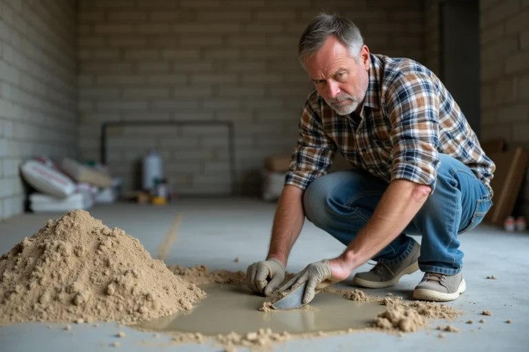 Ouvrier inspectant un mélange de screed sur un chantier intérieur