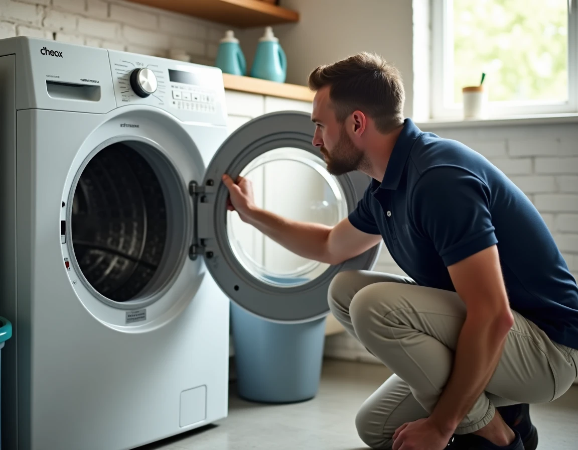 Homme inspectant l'intérieur d'un sèche-linge Whirlpool 6th Sense ouvert lors d'une procédure de réinitialisation