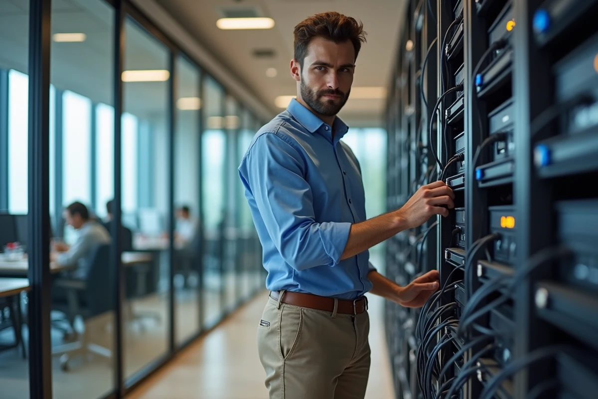 Technicien informatique installant un routeur dans un bureau moderne