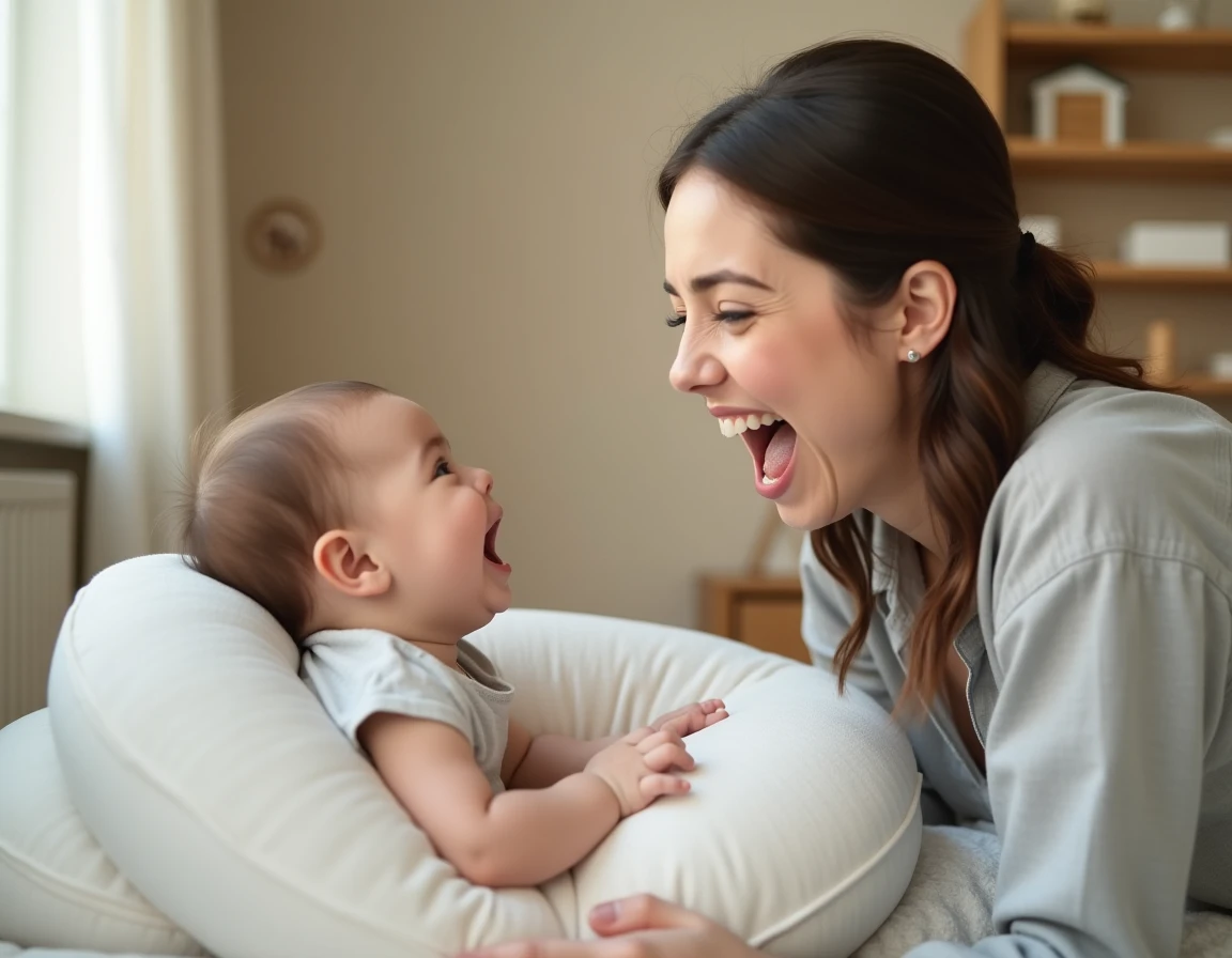 Maman et bébé de 8 mois se regardant en train d'imiter des sons et des mimiques rigolotes en face à face
