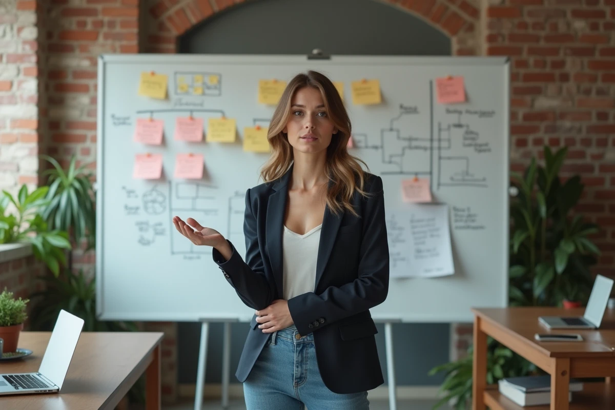 Jeune femme en blazer devant un tableau blanc dans un espace de travail ouvert