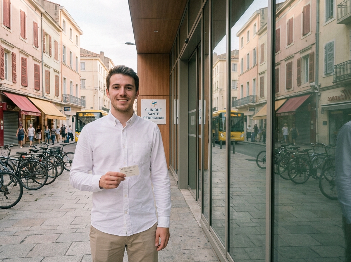 Jeune homme souriant devant une clinique à Perpignan