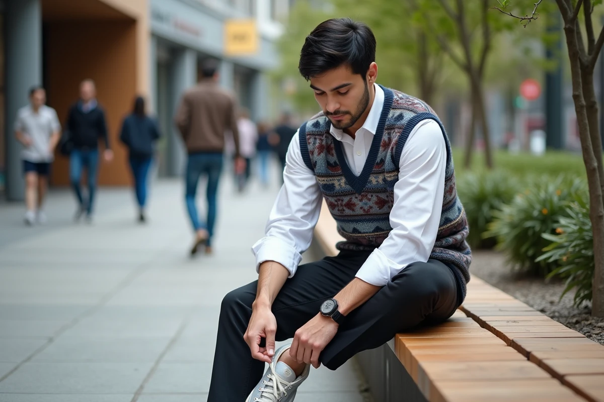 Jeune homme en ville en train de lacer ses sneakers dans une place urbaine
