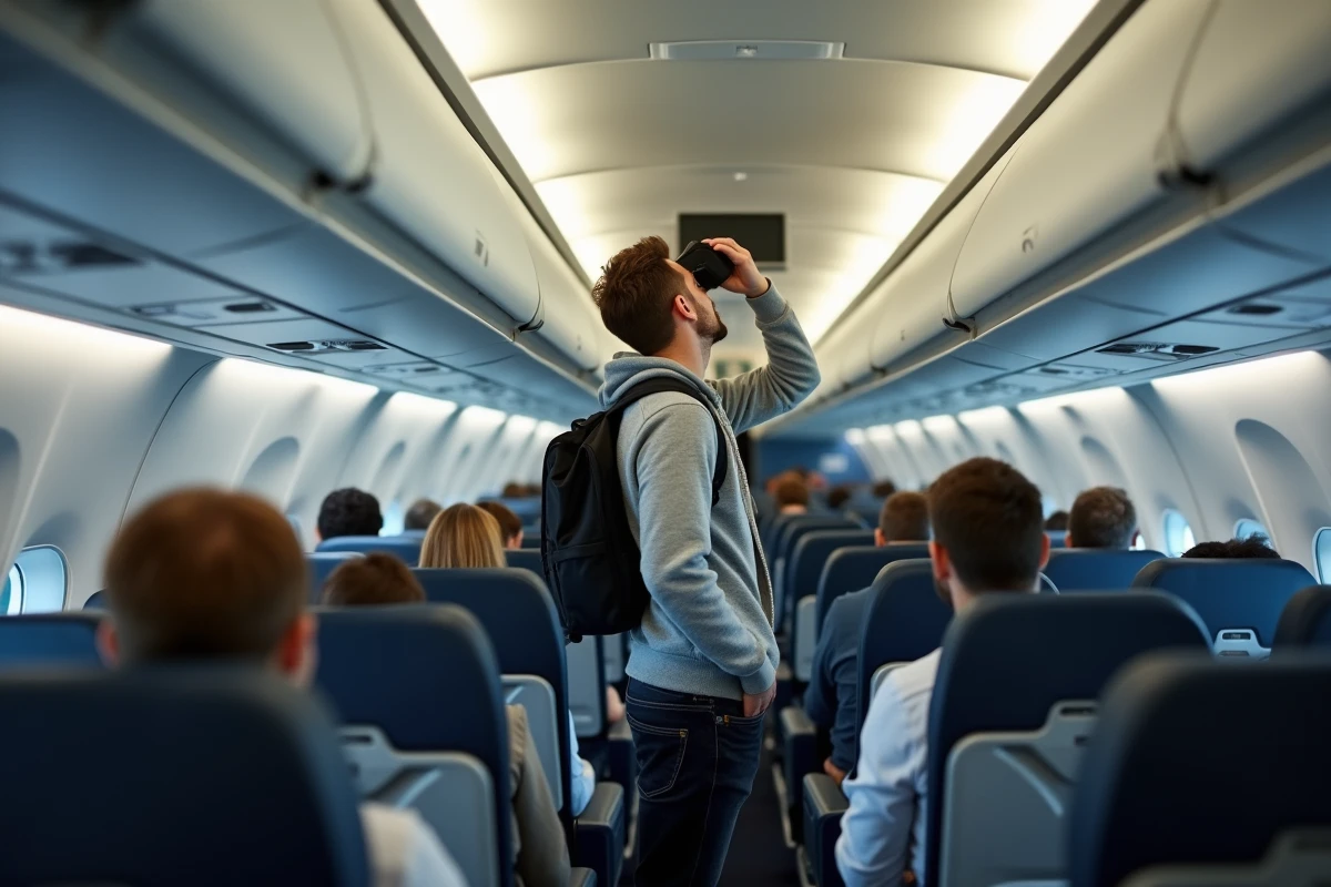 Jeune homme rangeant son sac dans l