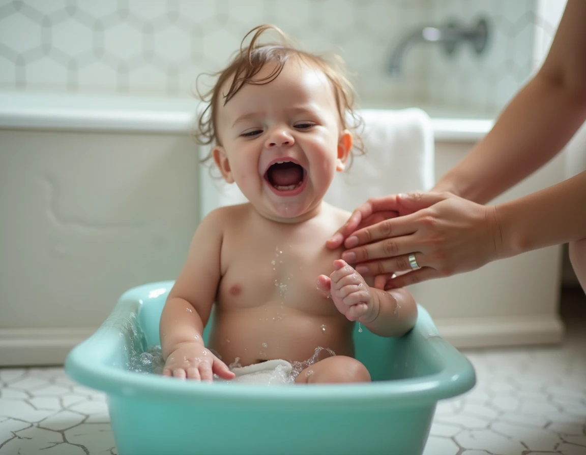 Bébé de 8 mois assis dans une petite bassine d'eau en train de s'éclabousser avec les mains en riant