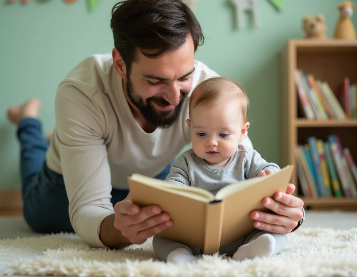 Papa et bébé de 8 mois lisant ensemble un livre cartonné à volets, le bébé soulevant un rabat avec émerveillement
