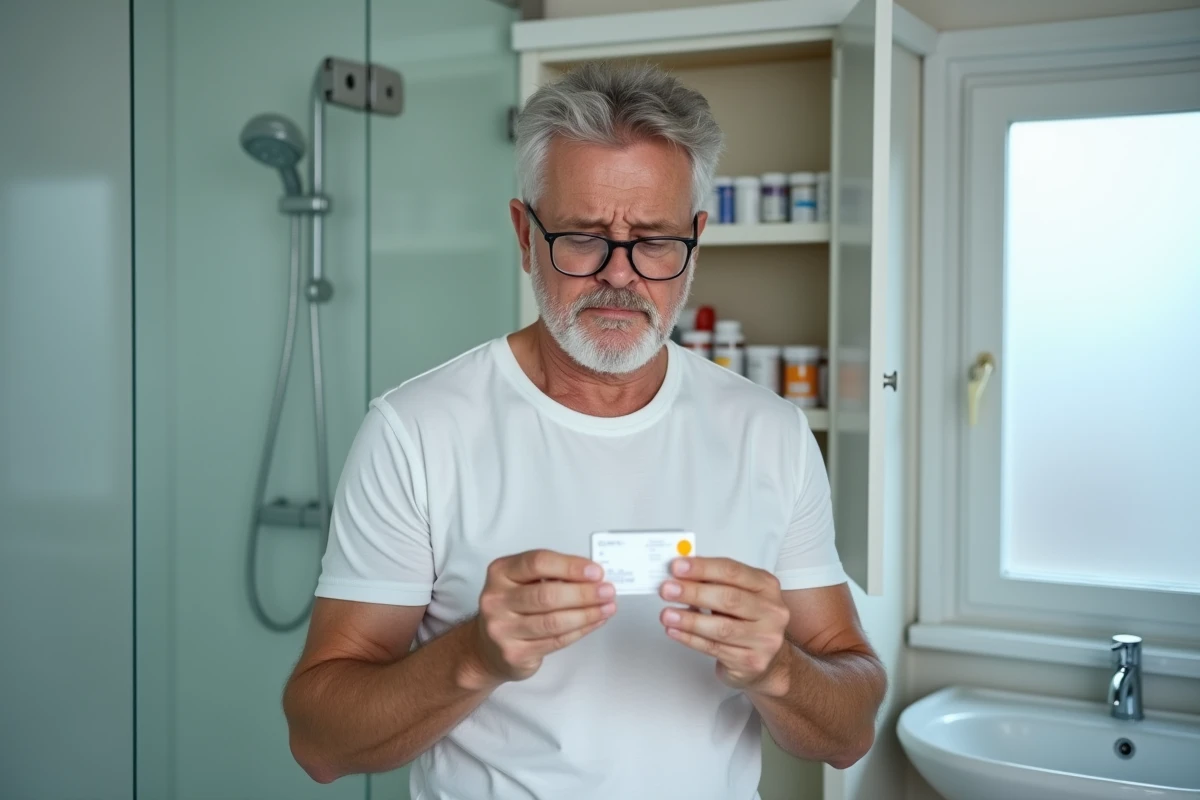 Homme lisant attentivement la notice de son médicament Levothyrox dans une salle de bain pour éviter les erreurs de dosage