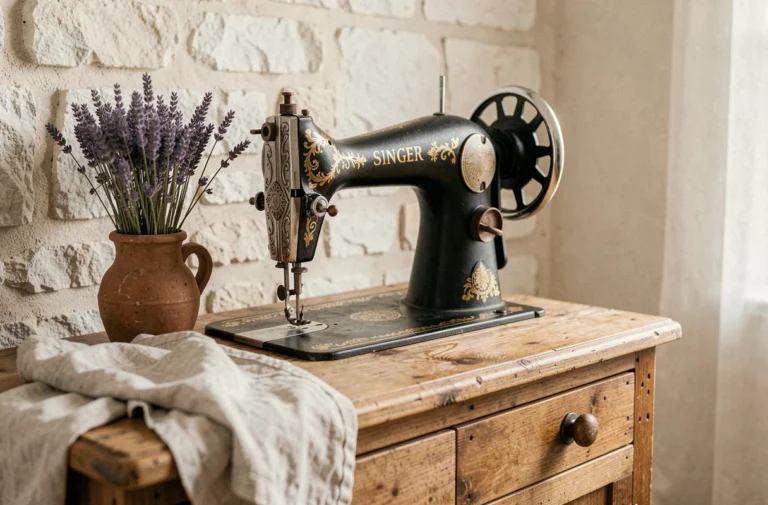 Machine à coudre décorative Singer vintage avec décors dorés posée sur un buffet en bois rustique dans un intérieur campagnard français