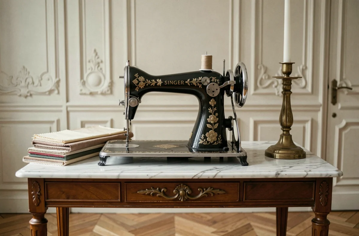 Machine à coudre Singer décorative avec gravures florales utilisée comme pièce décorative dans un appartement haussmannien parisien élégant