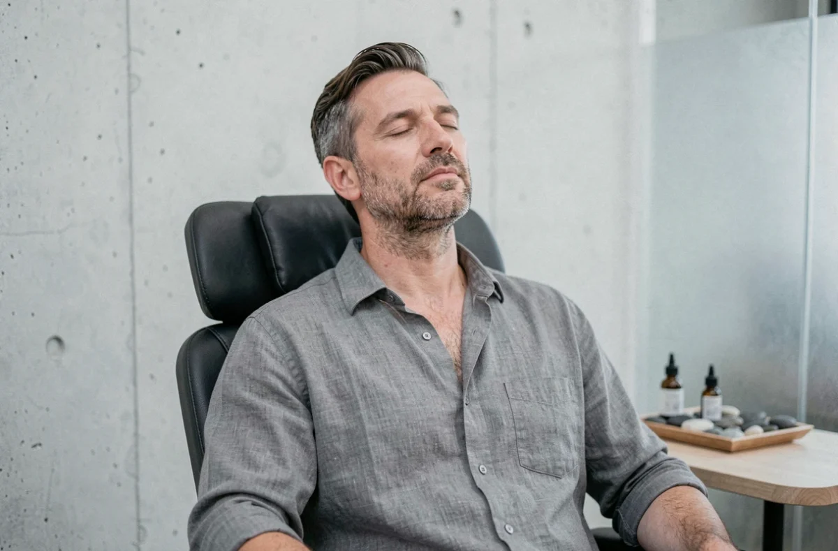 Homme en séance de massage assis dans un fauteuil ergonomique dans un studio de bien-être minimaliste