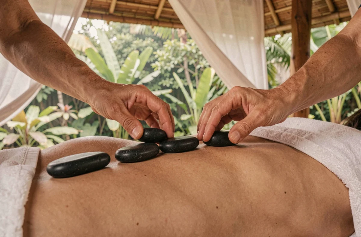 Mains de thérapeute réalisant un massage aux pierres chaudes sur le dos d'une cliente dans un pavillon extérieur tropical