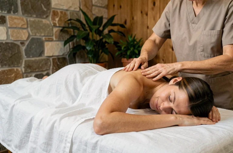 Femme recevant un massage relaxant dans un spa moderne avec décor en pierre naturelle et plantes vertes
