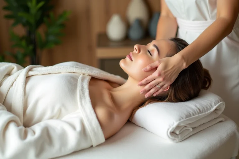 Femme détendue recevant un massage dans un spa naturel