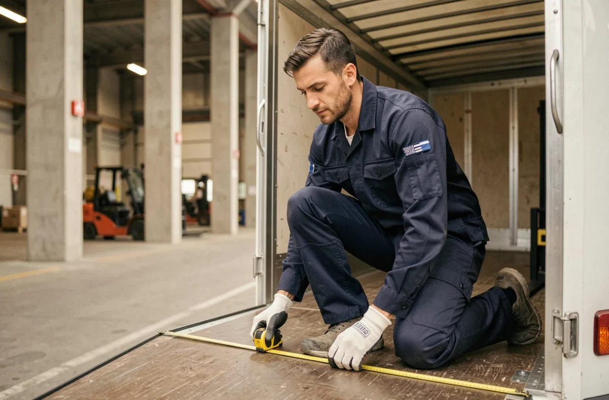 Déménageur mesurant l'intérieur d'un camion 11m3 avec un mètre ruban
