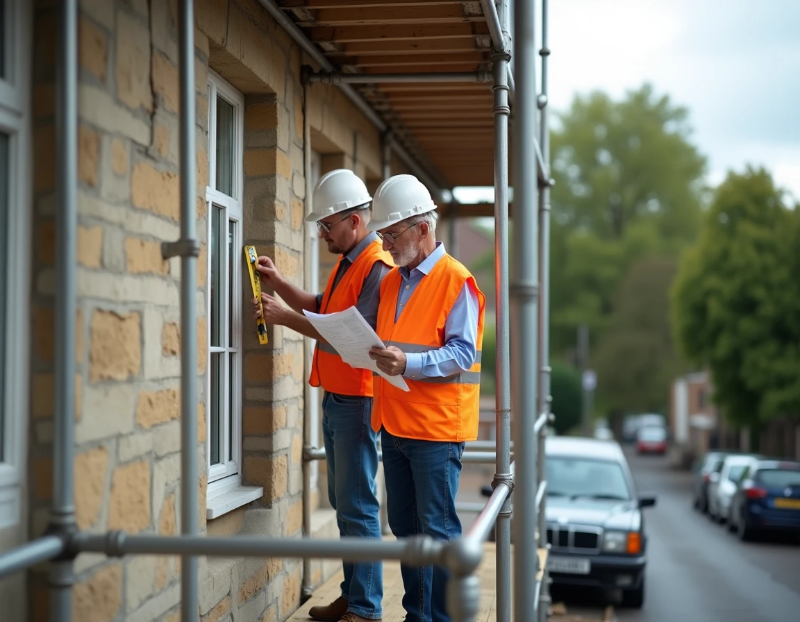 Deux ouvriers consultant des plans de rénovation sur un échafaudage devant une façade en pierre