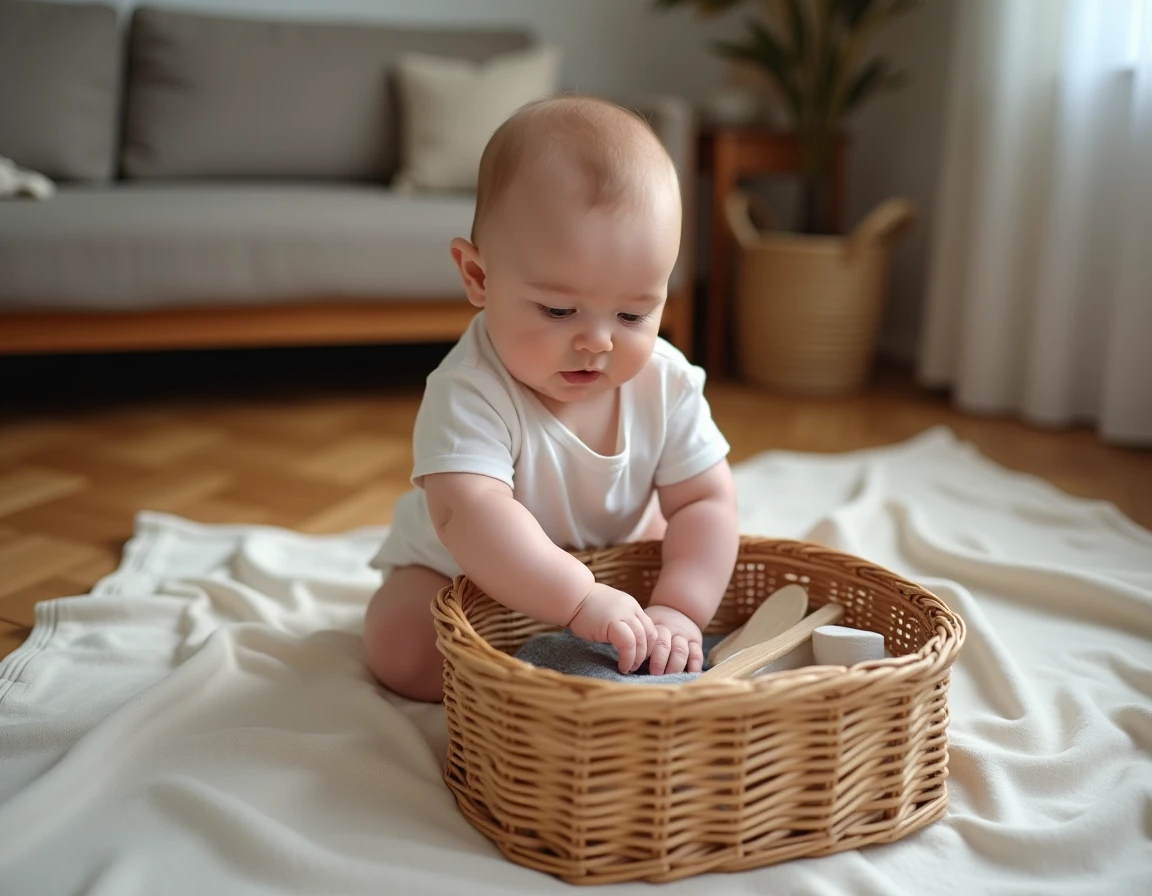 Bébé de 8 mois explorant un panier à trésors rempli d'objets du quotidien en bois, métal et tissu