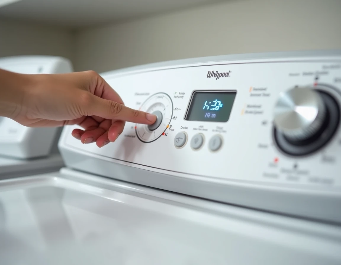 Gros plan sur le panneau de commande d'un sèche-linge Whirlpool 6th Sense affichant un code erreur à réinitialiser
