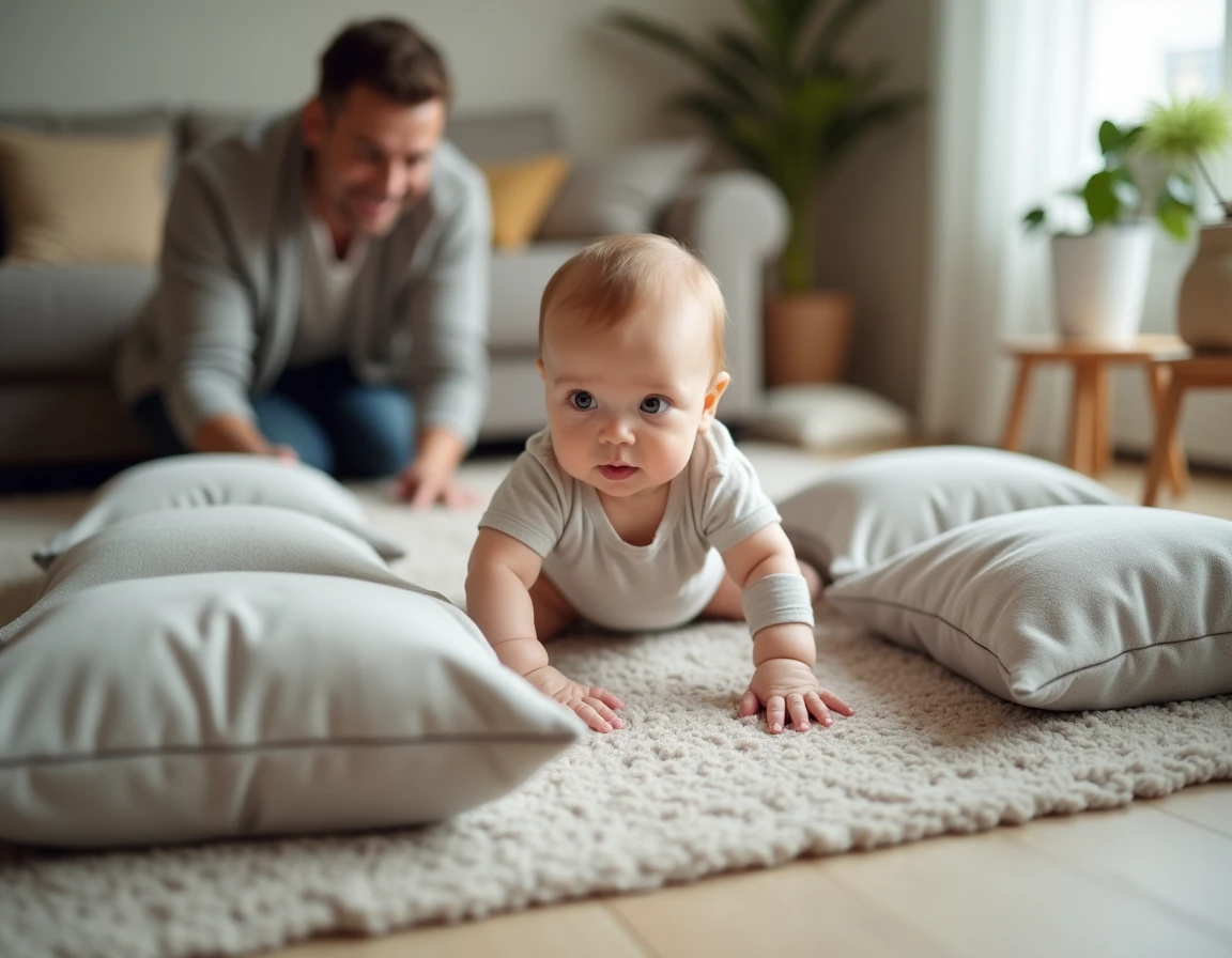 Bébé de 8 mois escaladant un parcours moteur fait de coussins et couvertures disposés sur le sol du salon