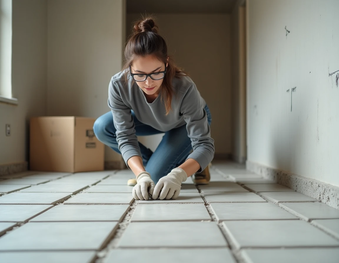 Femme posant des carreaux de sol en céramique dans une cuisine en cours de rénovation