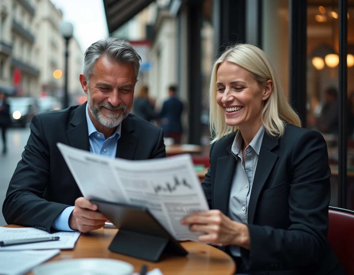 Deux professionnels parcourant l'actualité économique et financière sur un journal et une tablette en terrasse urbaine