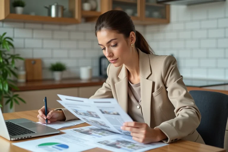 Femme consultant des annonces immobilières sur ordinateur portable et documents papier pour trouver un bien adapté à ses besoins