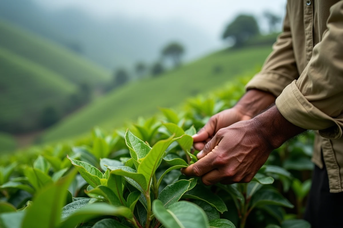 Mains de cultivateur récoltant des feuilles de thé bio dans une plantation verdoyante et brumeuse