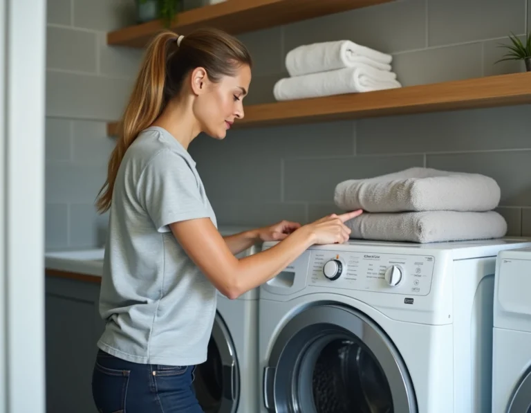 Femme appuyant sur le bouton de réinitialisation d'un sèche-linge Whirlpool 6th Sense dans une buanderie moderne