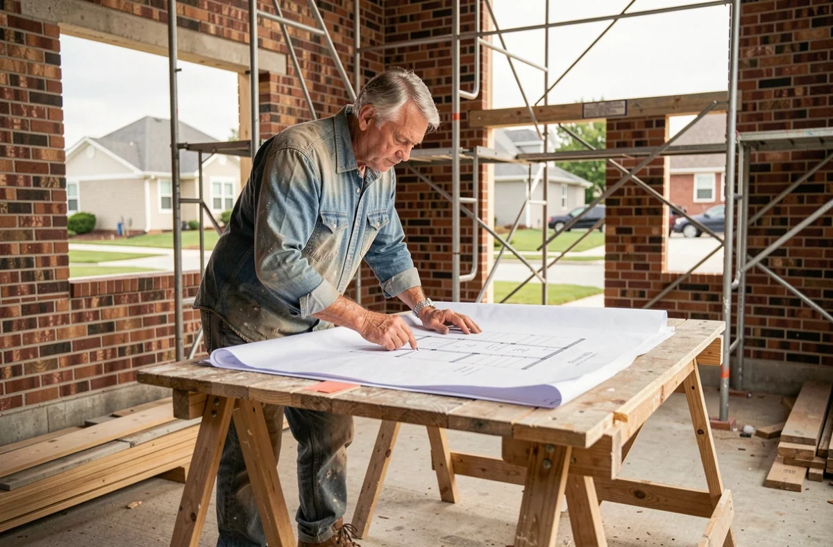 Homme examinant des plans architecturaux sur un chantier de rénovation de maison avec murs en briques apparentes et échafaudages