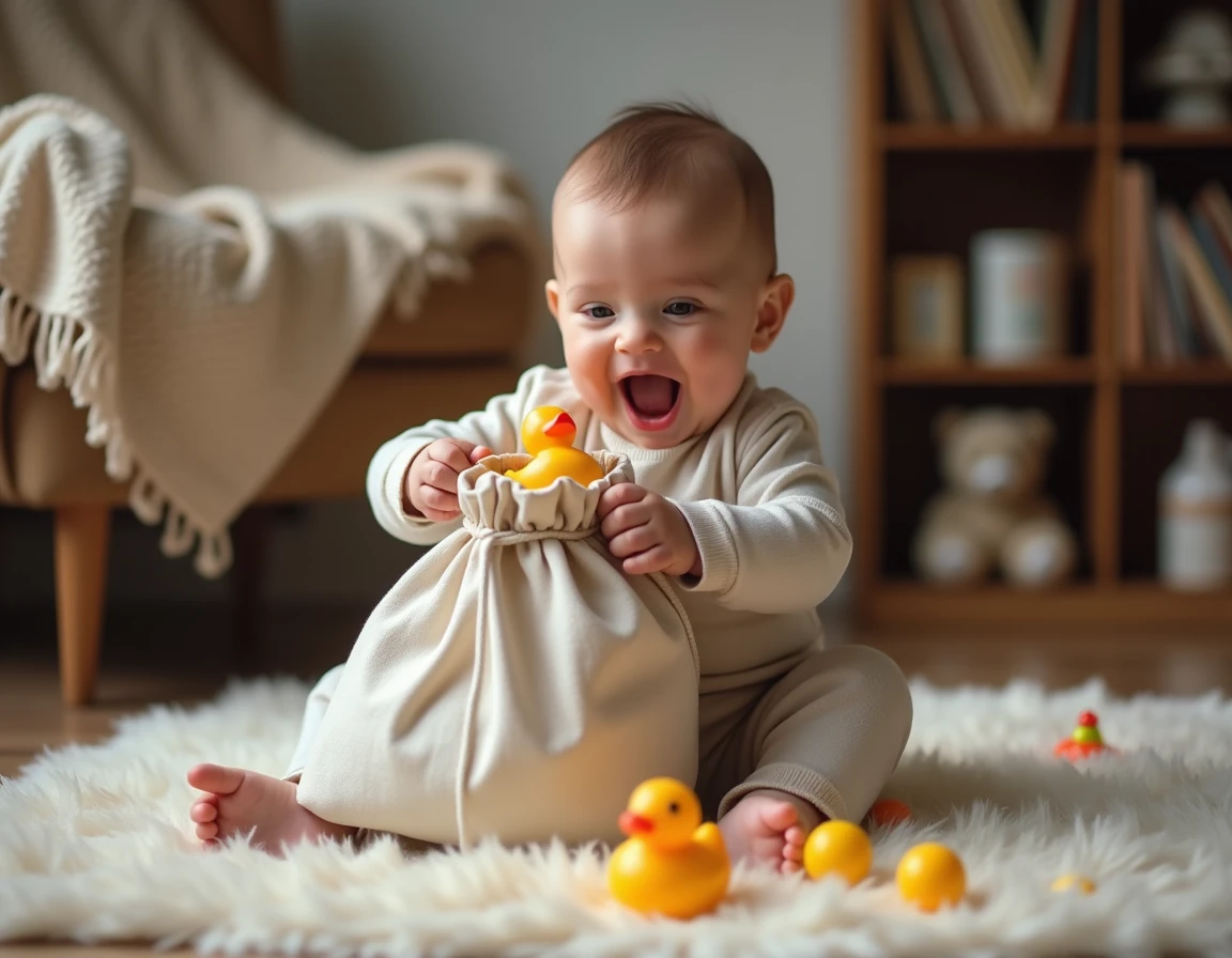 Bébé de 8 mois plongeant les mains dans un sac mystère en tissu pour en sortir un petit jouet avec surprise