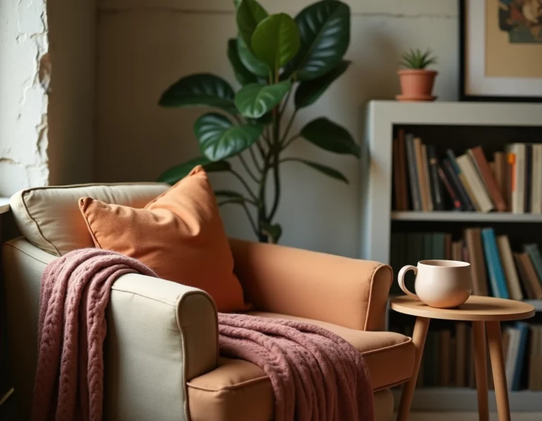 Coin salon cosy avec fauteuil en lin, plaid en laine et table d'appoint en bois pour un intérieur chaleureux et tendance