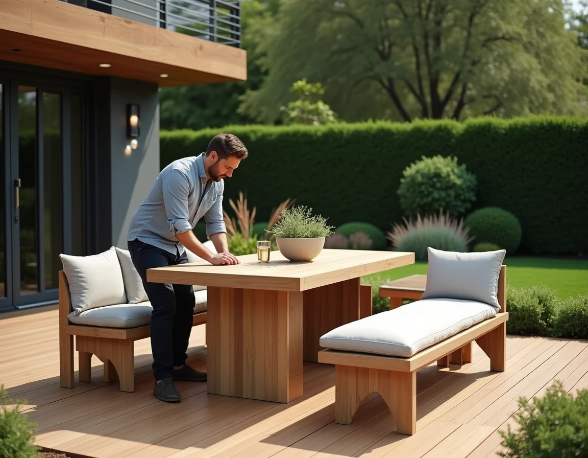 Homme assemblant un salon de jardin en teck sur une terrasse en bois avec haies et plantes ornementales