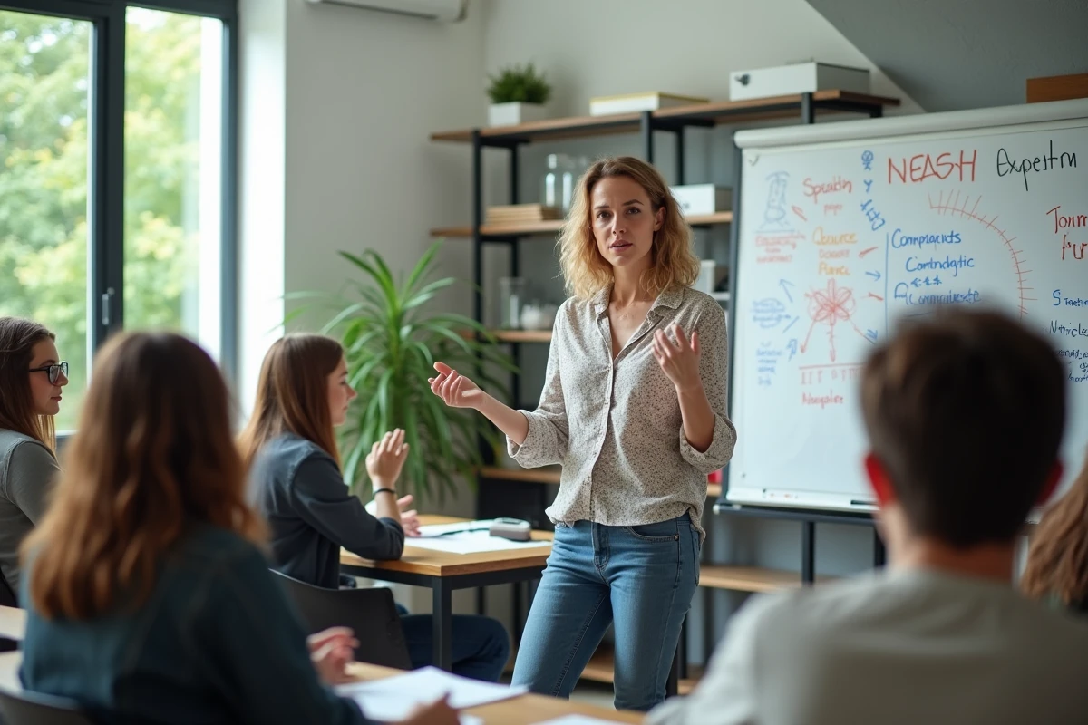 Scientifique en discussion avec étudiants dans une salle de classe