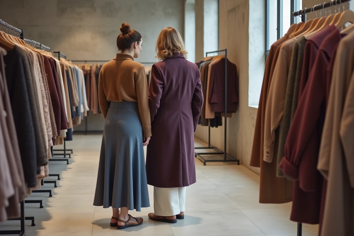 Deux femmes dans une boutique minimaliste découvrant les vêtements aux couleurs tendance automne hiver 2025
