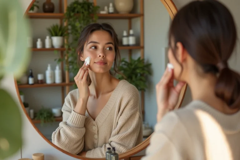Femme appliquant une creme visage naturelle dans sa salle de bain