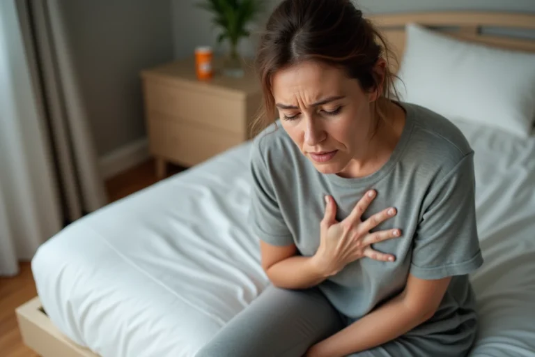 Femme d'âge mûr assise sur un lit exprimant une gêne thoracique liée à un surdosage de Levothyrox