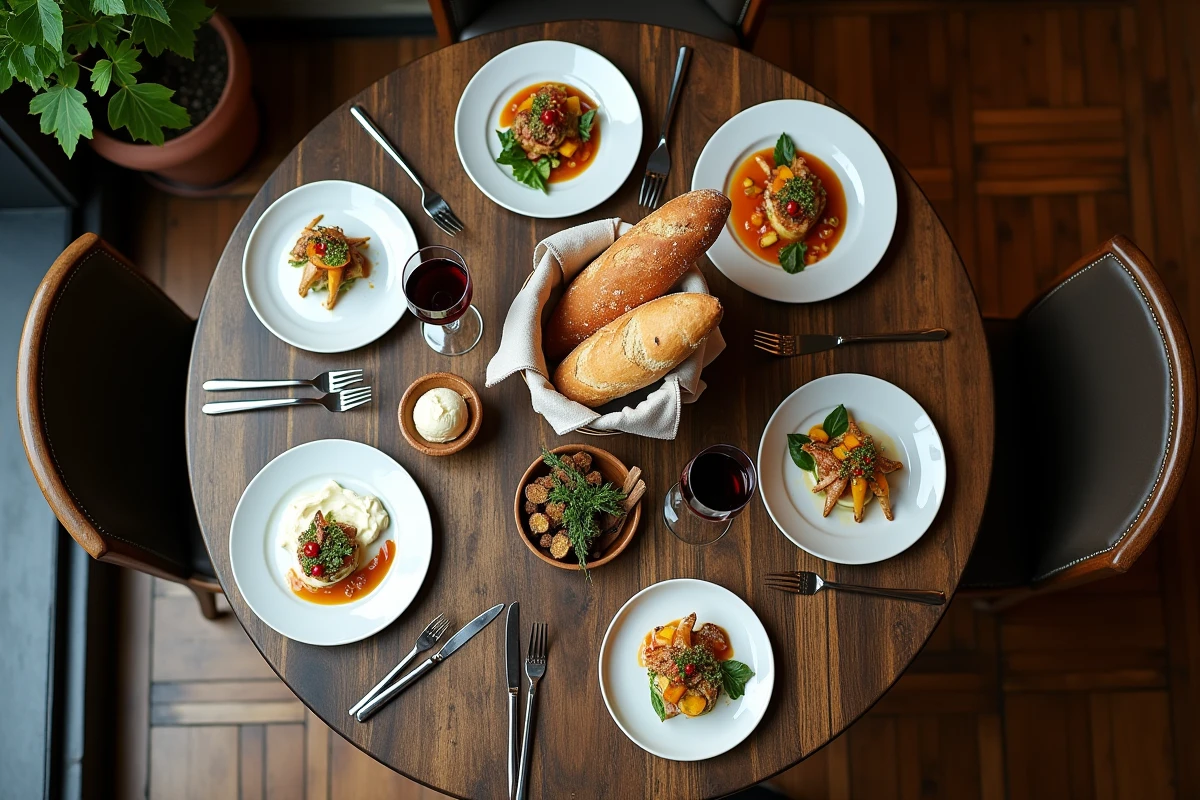 Vue aérienne d'une table de restaurant gastronomique dressée avec des plats raffinés, pain artisanal et verres de vin