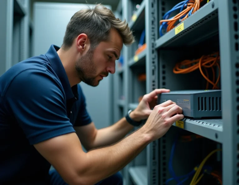 Technicien informatique inspectant un ancien routeur Wi-Fi dans une salle serveur, illustrant les équipements Wi-Fi legacy encore utilisés en entreprise
