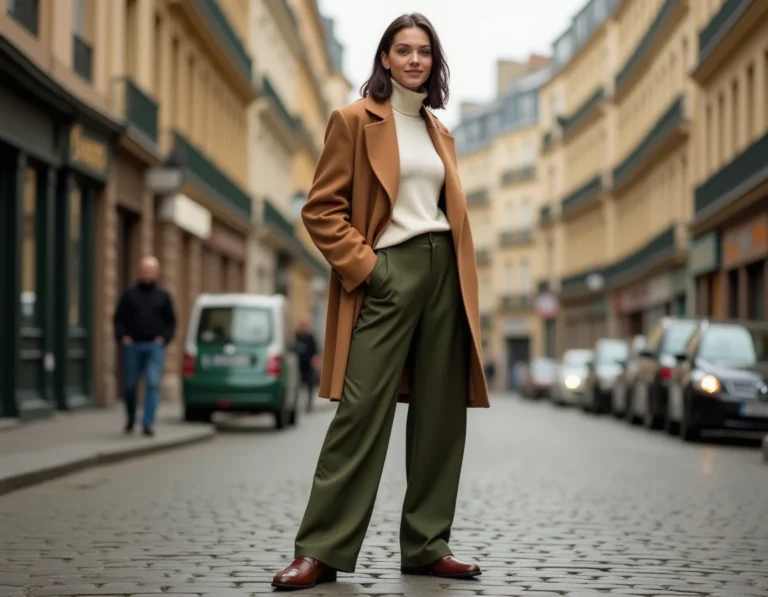 Femme en blazer camel oversized et pantalon large olive sur pavés parisiens, style mode automne tendance