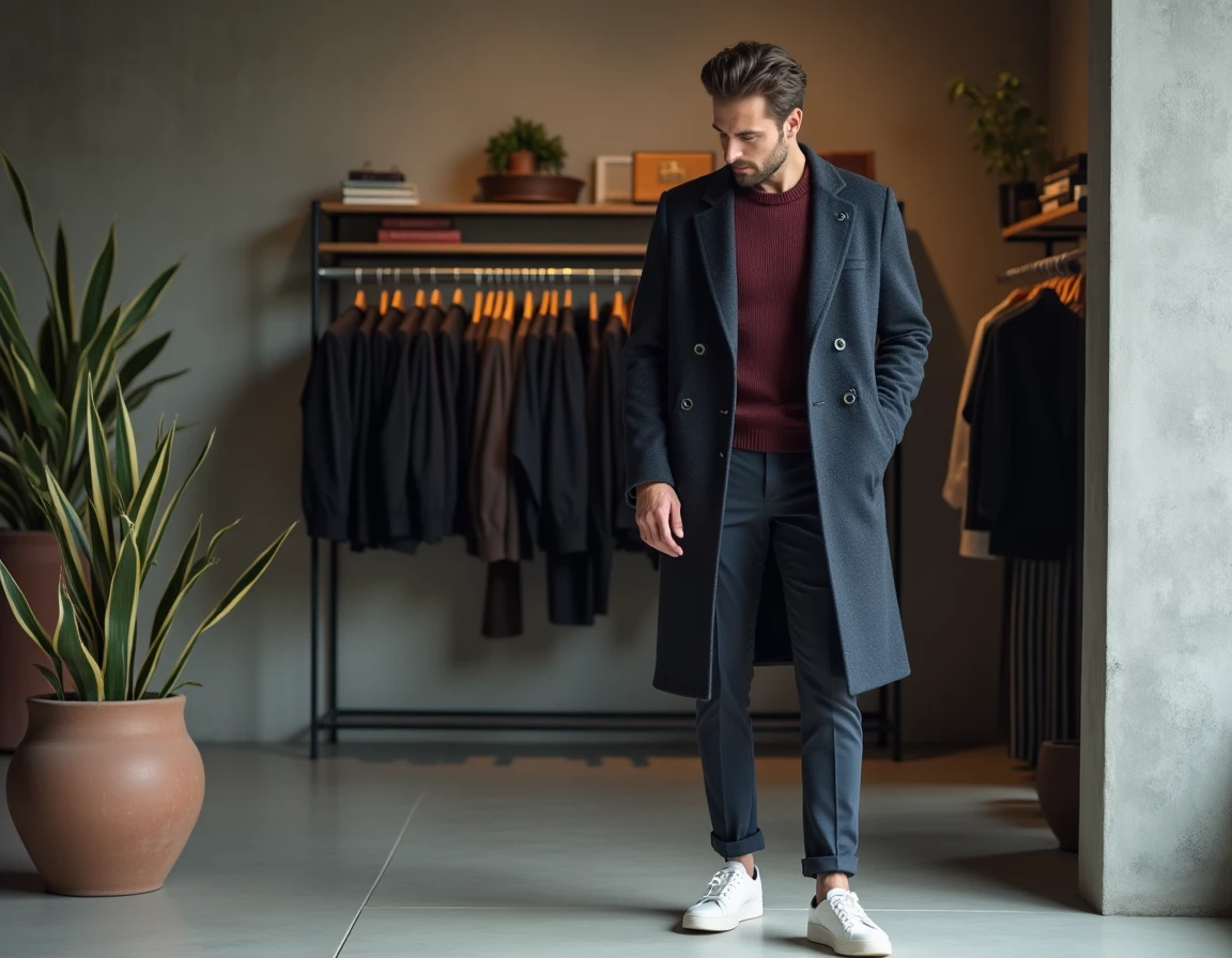 Homme en manteau marine double boutonnage explorant des vêtements dans un concept store minimaliste tendance