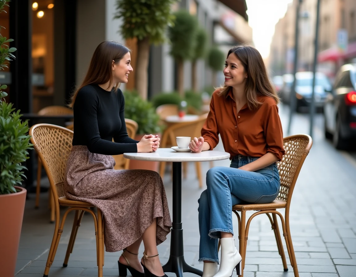 Deux femmes tendance en tenues mode saisonnières assises à une terrasse de café parisien, style éditorial