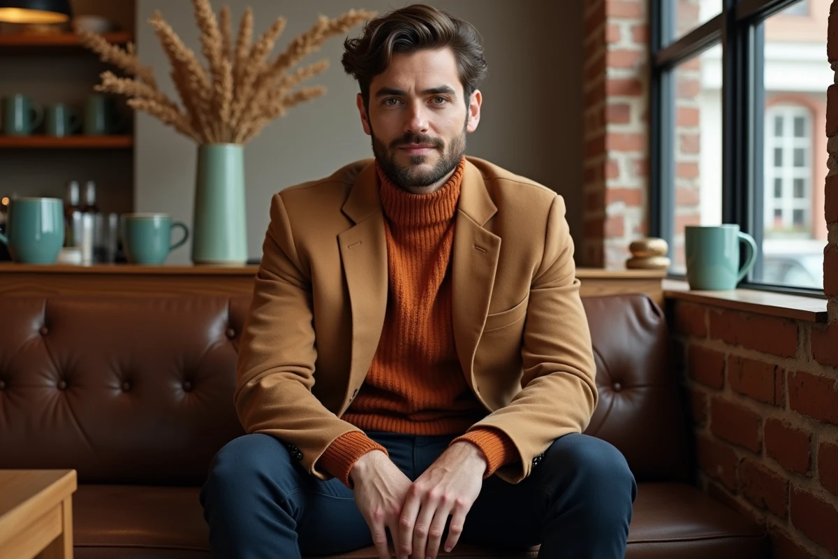 Homme en blazer camel et pull rouille assis dans un café, tendances couleurs mode automne hiver 2025