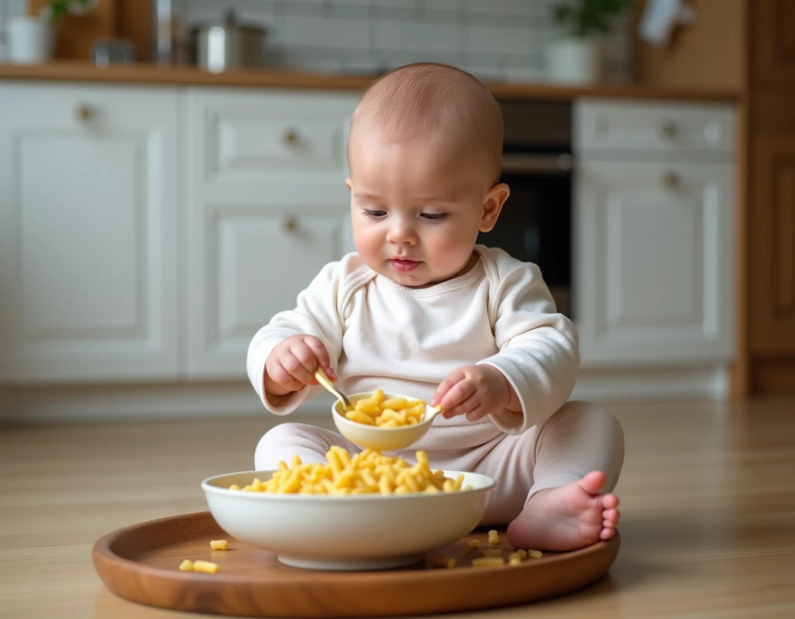 Bébé de 8 mois assis sur le sol de la cuisine en train de transvaser de grosses pâtes crues entre deux bols