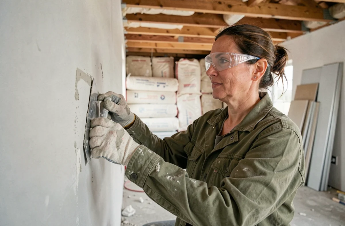 Femme appliquant du plâtre sur un mur intérieur lors de travaux de rénovation avec poutres en bois apparentes et matériaux de construction